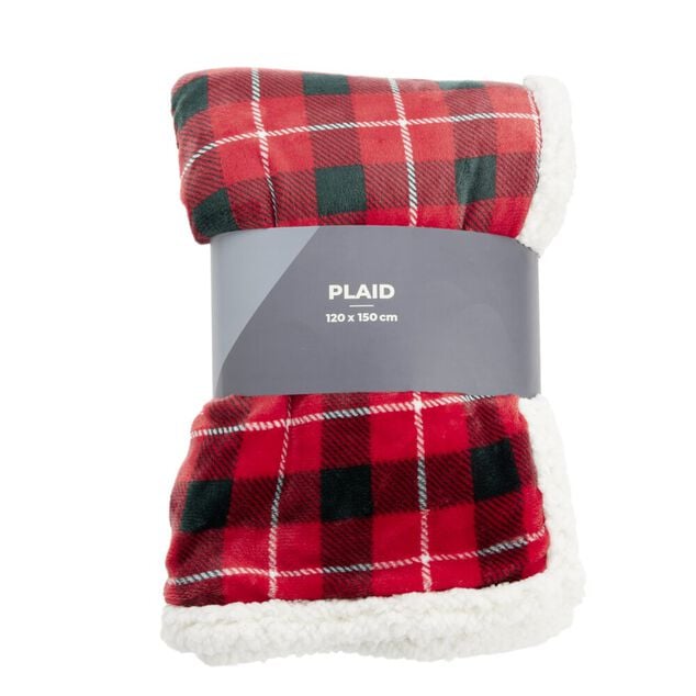 Plaid sherpa blanc motif tartan rouge 120x150cm