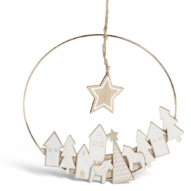 Couronne &agrave; suspendre village de No&euml;l dor&eacute;