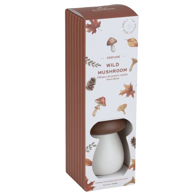 Diffuseur 100ml c&eacute;ramique forme champignon blanc et marron &Oslash;8xH8,5cm