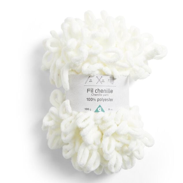 Pelote fil &agrave; tricoter 9m effet chenille polyester blanc &eacute;cru 100g