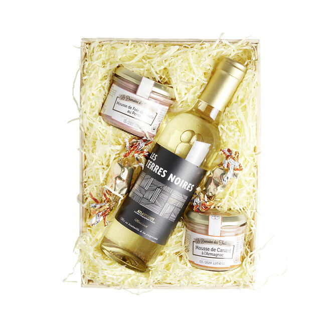 Panier gourmand 1 bouteille vin blanc/2 p&acirc;t&eacute;s/2 papillotes chocolat