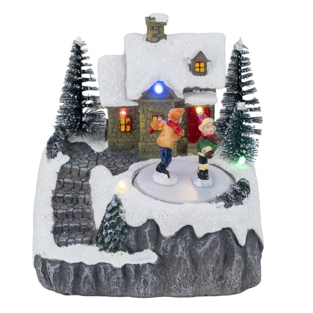 Village de No&euml;l anim&eacute; LED sc&egrave;ne patinoire 11,5x10,5xH13,5cm (3 mod&egrave;les)