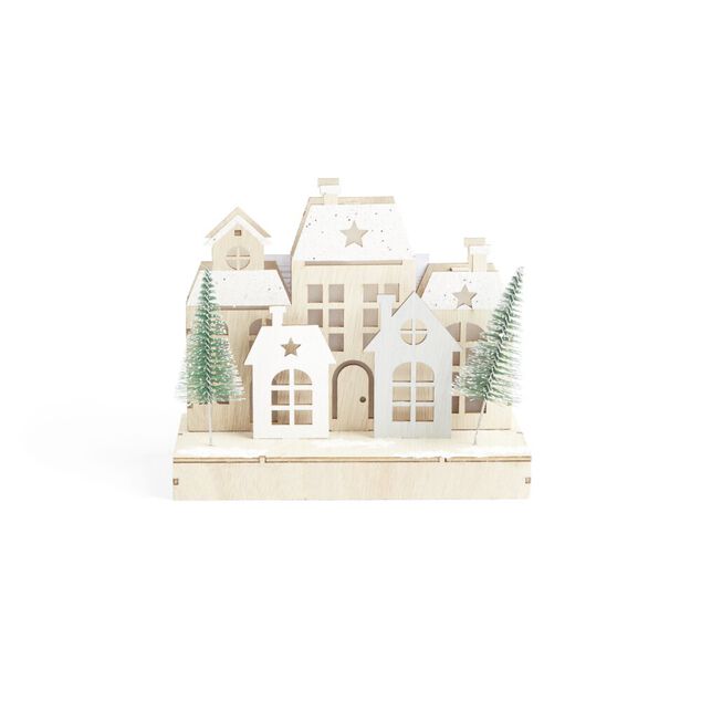 Village de No&euml;l lumineux en bois 7LED