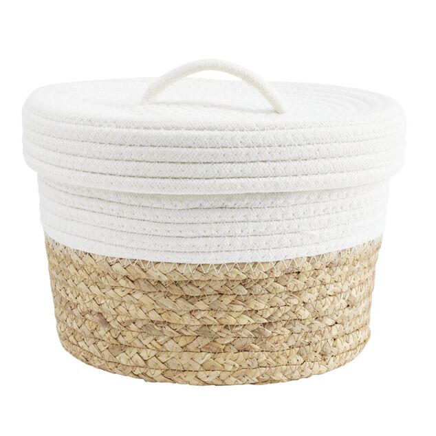 Pani&egrave;re avec couvercle coton jute blanc et naturel grand mod&egrave;le &Oslash;27xH18cm