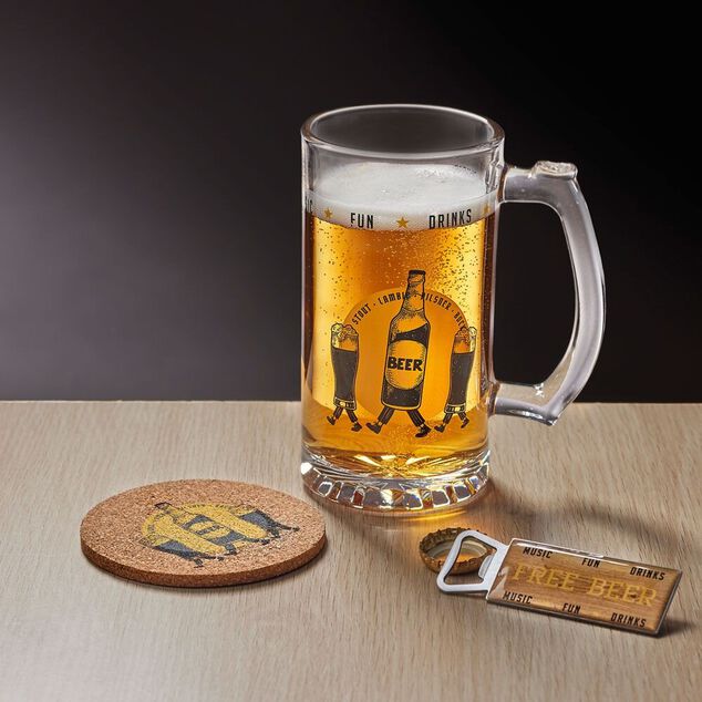 Coffret bi&egrave;re 3 pi&egrave;ces verre d&eacute;capsuleur et sous-verre - 2 mod&egrave;les