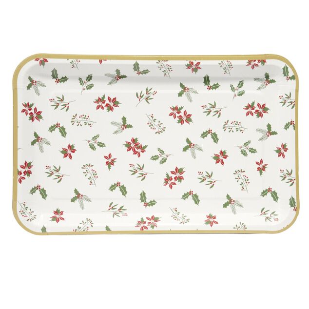 Plateau rectangulaire X8 pcs imprim&eacute; houx L30X19XH1,5 cm blanc