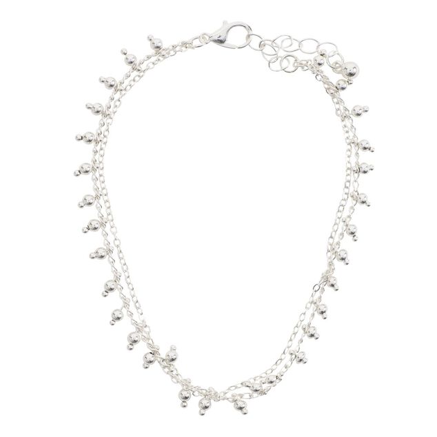 Cha&icirc;ne de cheville 2 rangs maille fine et perles argent&eacute;