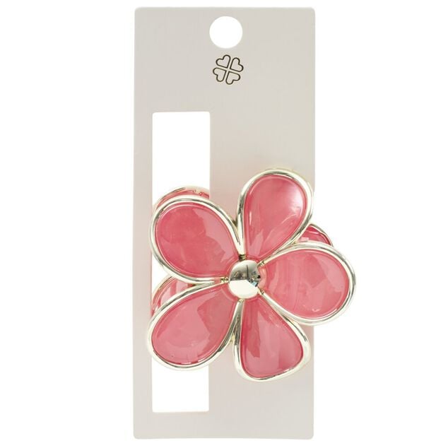 Pince cheveux fleur marguerite plastique rose contour m&eacute;tal dor&eacute; L8cm