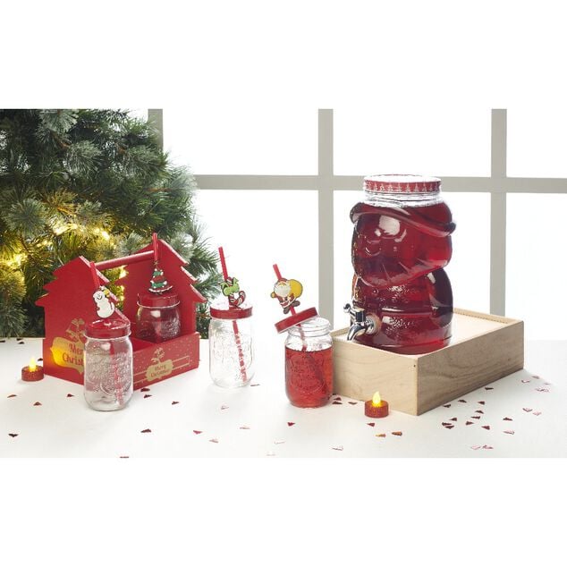 Panier rouge Merry Christmas avec gobelets No&euml;l pailles x4