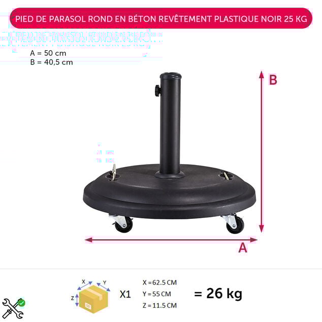 Pied de parasol rond en b&eacute;ton rev&ecirc;tement plastique noir 25 kg