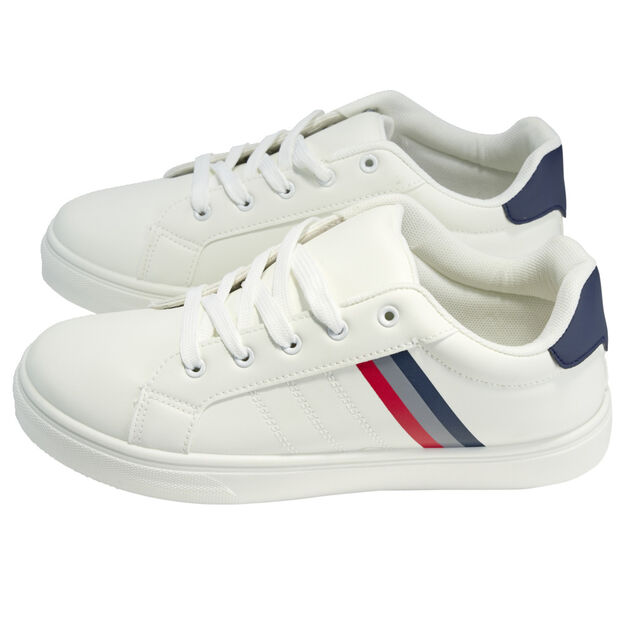 Baskets unisexe simili blanc rayures rouges et bleues T42