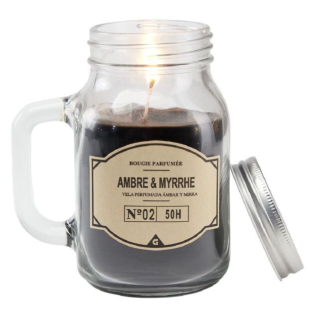 Bougie noire dans mug en verre avec couvercle - Senteur myrrhe ambre