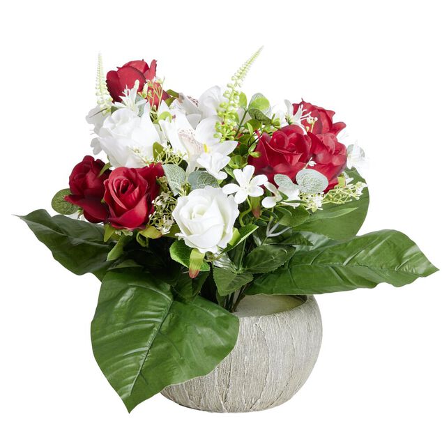 Composition florale artificielle rose orchid&eacute;e bruy&egrave;re rouges vasque &Oslash;40cm