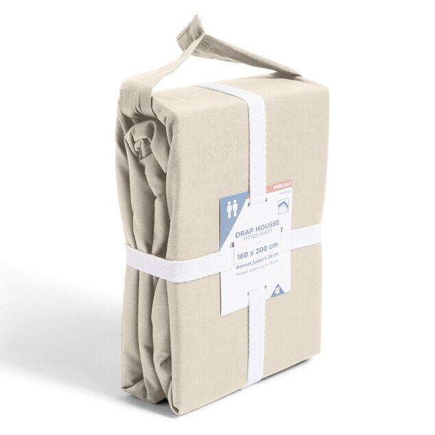 Drap housse 160x200cm 100% coton percale beige