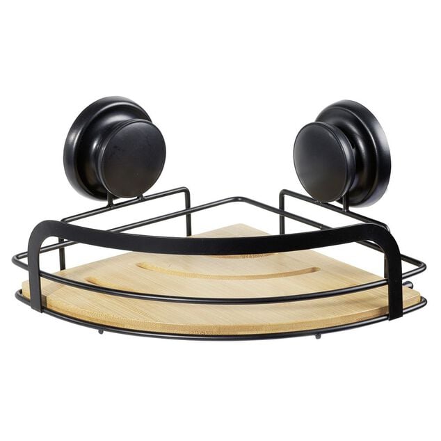 Serviteur de douche d'angle bambou et m&eacute;tal noir