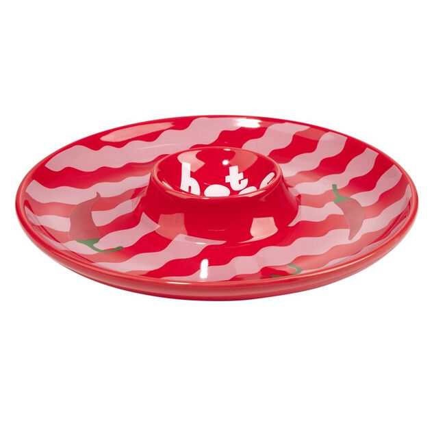 Assiette de pr&eacute;sentation dolomite compartiment sauce motif piment &Oslash;24cm (2 mod&egrave;les)