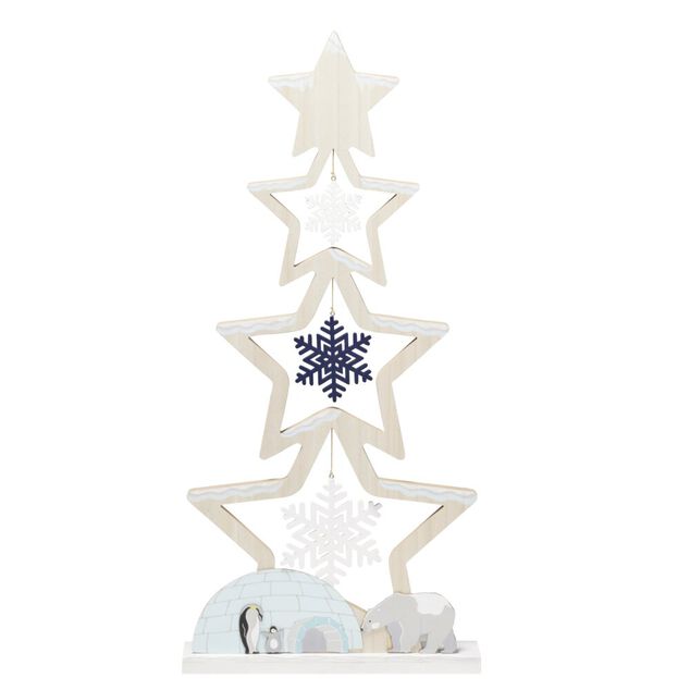 Sapin bois &agrave; poser d&eacute;cor flocons banquise bleu et blanc H75cm