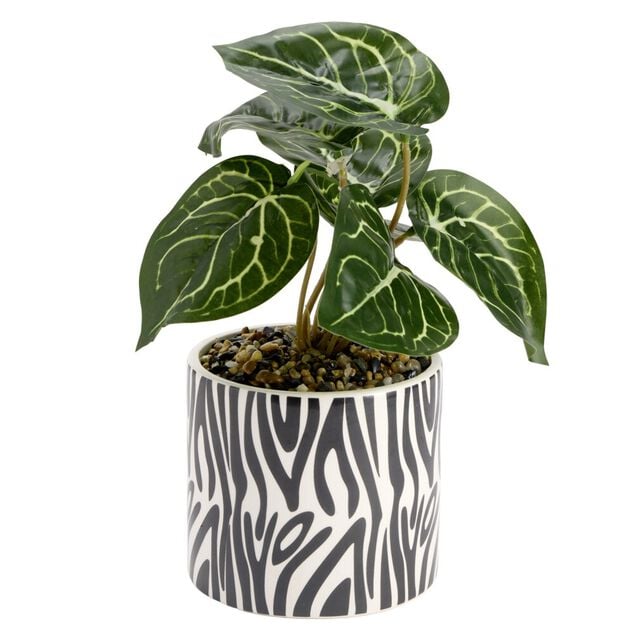 Plante verte artificielle dans pot dolomite blanc &agrave; motif noir &Oslash;12xH24cm (2 mod&egrave;les)