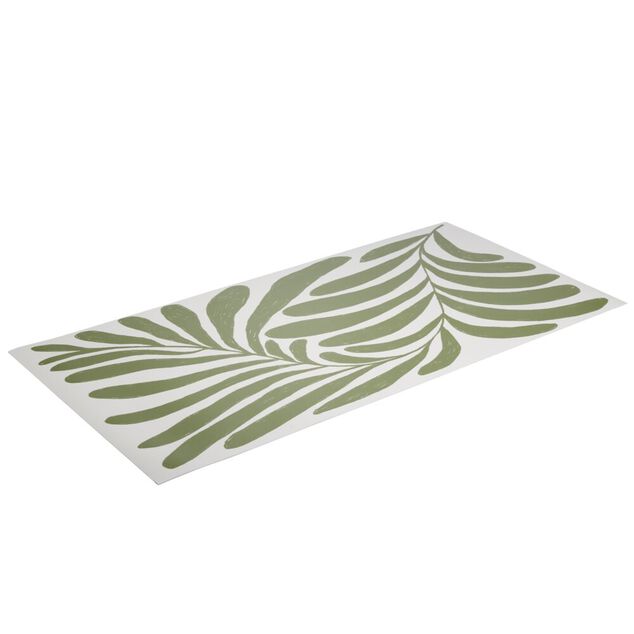 Tapis vinyle rectangulaire motif v&eacute;g&eacute;tal esprit Matisse beige et vert 50x100cm