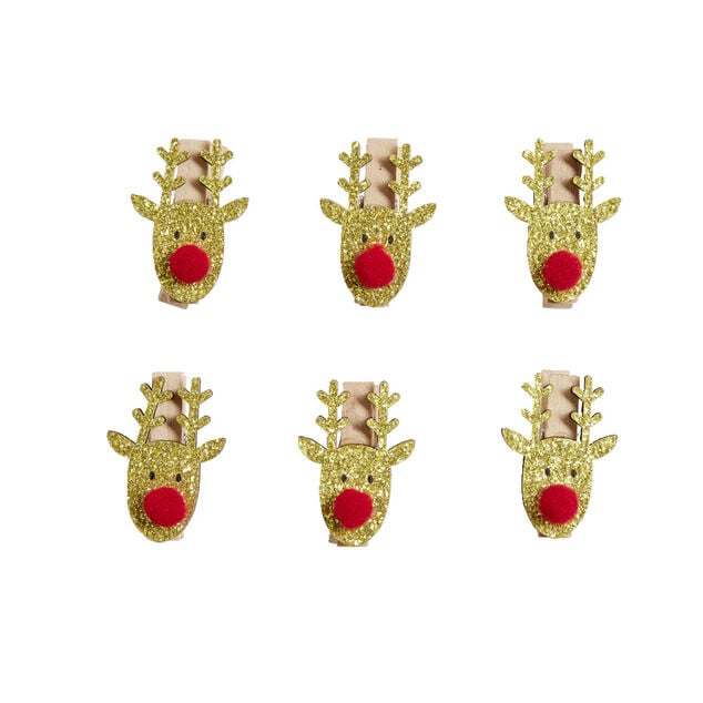 Mini pince en bois forme t&ecirc;te de renne rouge et dor&eacute;e 6 pi&egrave;ces