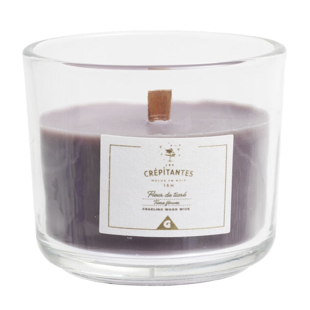 Bougie cr&eacute;pitante m&egrave;che en bois senteur fleur de tiar&eacute; 15H