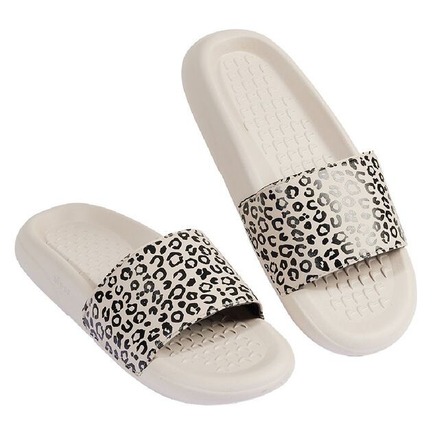 Sandales claquettes plastique beige bride imprim&eacute; l&eacute;opard 38/39