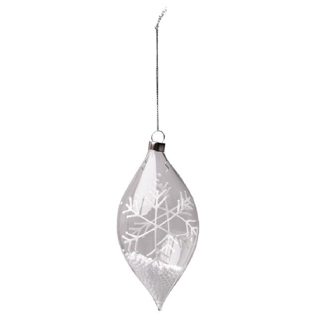 Boule de No&euml;l en verre transparent forme goutte motif flocon blanc