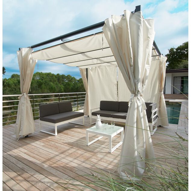 Tonnelle carr&eacute;e Rome toit r&eacute;tractable et rideaux &eacute;cru UPF50+ 285x285xH220cm 8,1m&sup2;