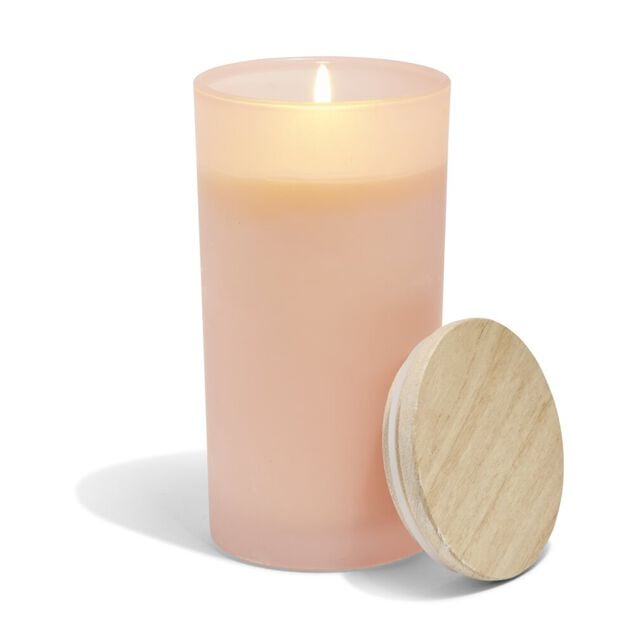Bougie citronnelle couvercle bois verre rose &Oslash;8xH15cm