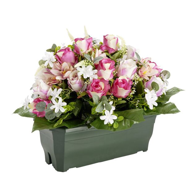 Composition florale artificielle rose orchid&eacute;e bruy&egrave;re jardini&egrave;re L50xH42cm