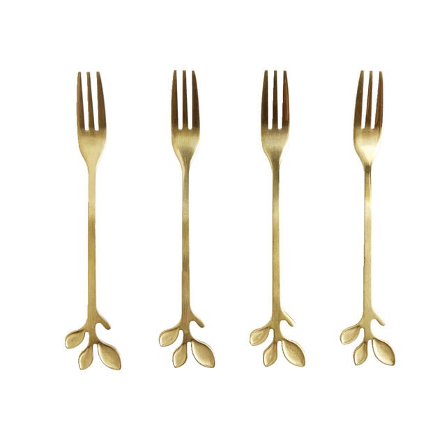 Fourchette &agrave; dessert x4 design feuille inox dor&eacute; L15cm
