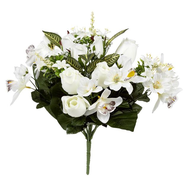Piquet rose+orchid&eacute;e+crocus H42 cm blanc - Fleur artificielle 18 t&ecirc;tes