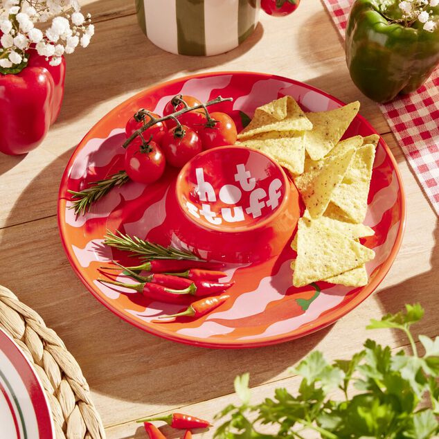 Assiette de pr&eacute;sentation dolomite compartiment sauce motif piment &Oslash;24cm (2 mod&egrave;les)