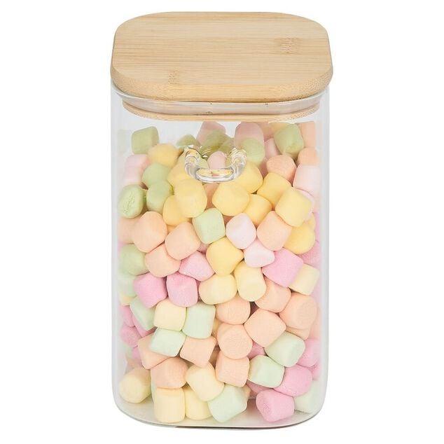 Bocal en verre transparent 1L avec couvercle et cuill&egrave;re en bambou