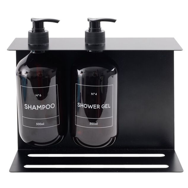 Distributeur de savon mural m&eacute;tal avec 2 flacons plastique 500ml noir 25x9xH22cm