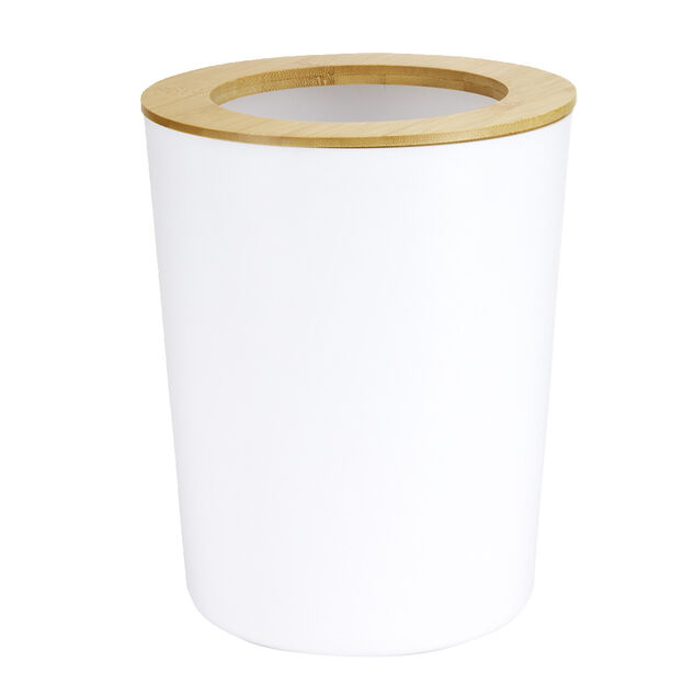 Poubelle salle de bain ronde en bambou et plastique blanc &Oslash;19,5xH24,5cm