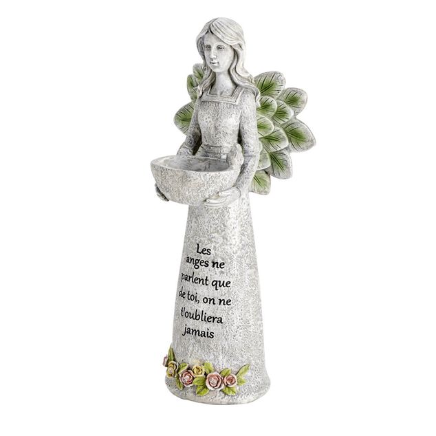 D&eacute;coration fun&eacute;raire ange LED avec inscription polyr&eacute;sine gris H40cm