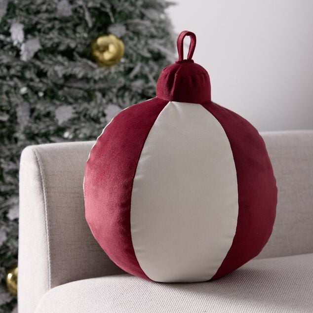 Coussin forme boule de No&euml;l &Oslash;26XH35 cm rouge et beige
