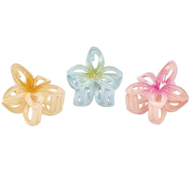 Pince cheveux x3 mini fleur de tiar&eacute; plastique bleu orange rose L5cm