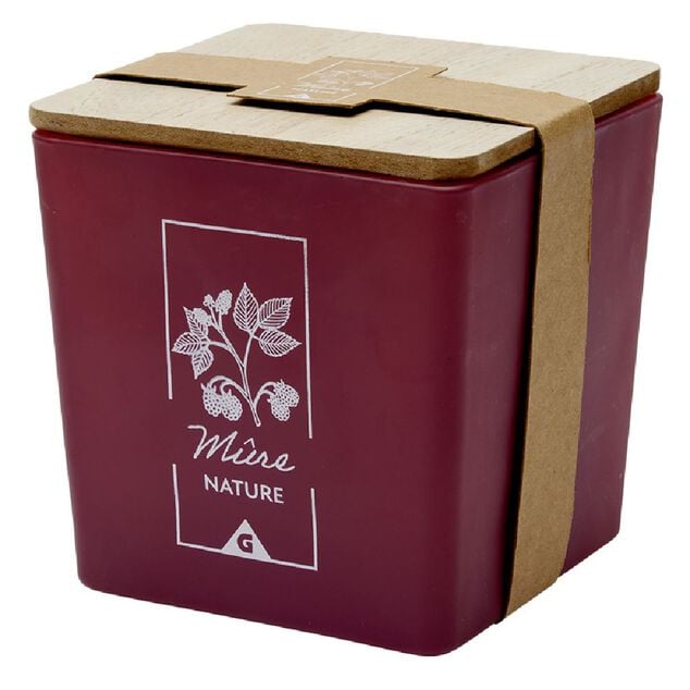 Bougie dans pot carr&eacute; avec couvercle bois senteur m&ucirc;re