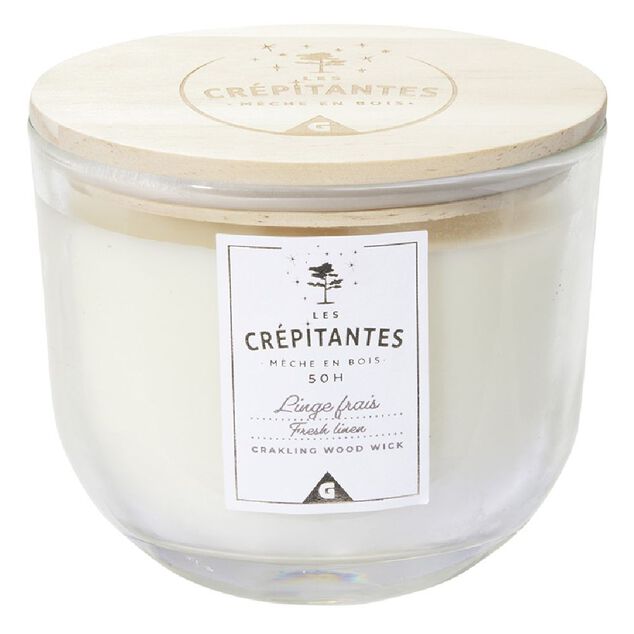 Bougie parfum&eacute;e blanche Les cr&eacute;pitantes senteur linge frais 50H