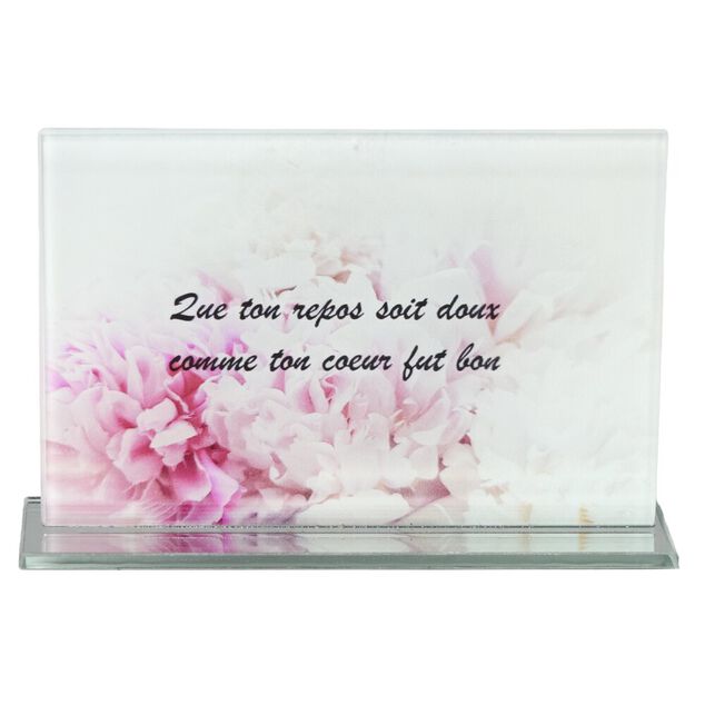 Plaque fun&eacute;raire inscription rectangulaire en verre rose et blanc 16x3,5xH10,5cm