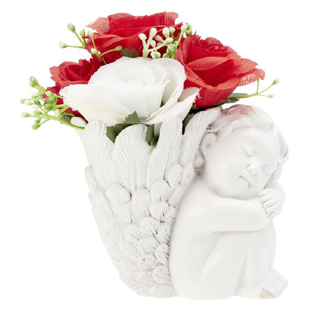 Panier ange en polyrésine + composition fleur artificielle H17 cm blanc