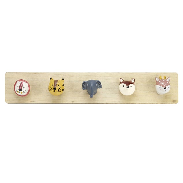Pat&egrave;re enfant en bois 5 crochets t&ecirc;te animal 55x7xH10cm