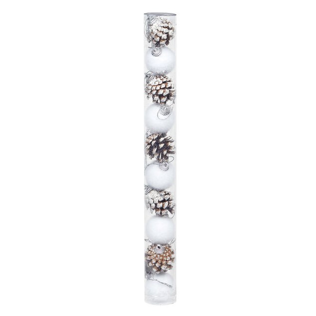 Suspension boule de No&euml;l blanche et pomme de pin argent&eacute;e x10