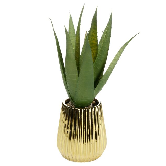 Fleur artificielle aloe vera pot c&eacute;ramique dor&eacute; &Oslash;10xH28cm
