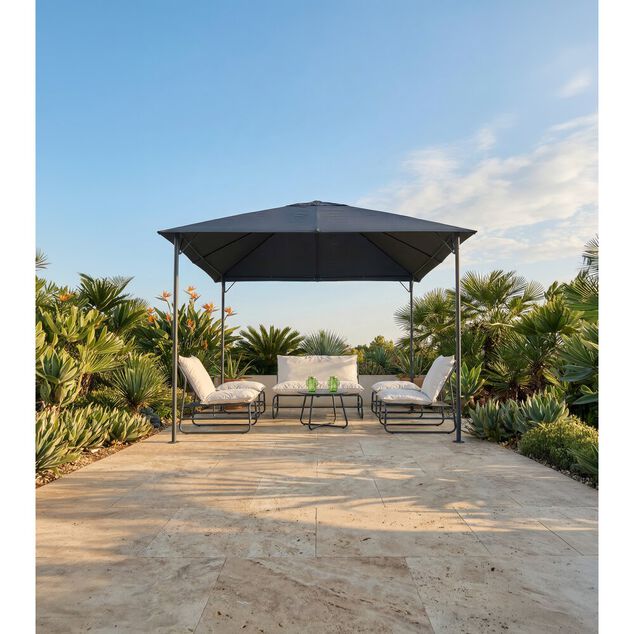 Salon de jardin Oslow 6 personnes acier et textil&egrave;ne gris fonc&eacute; et blanc