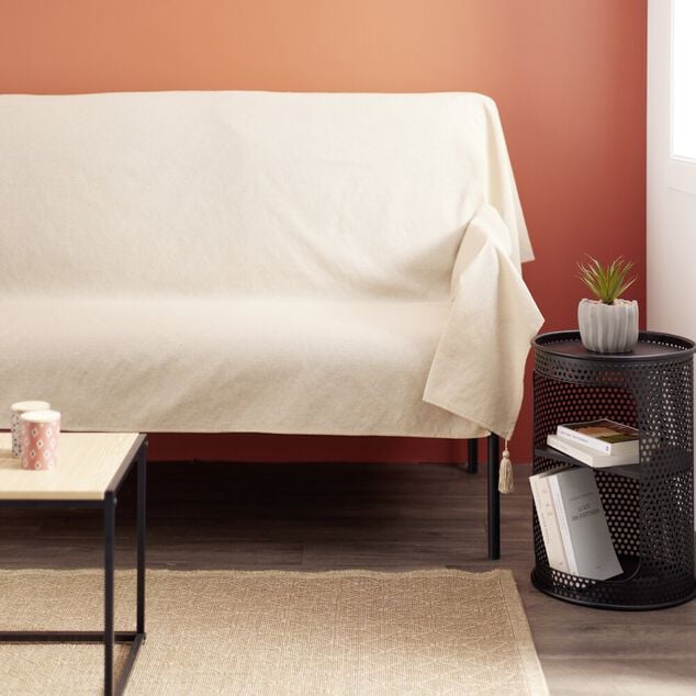 Jet&eacute; de canap&eacute; &agrave; pompons 170x250cm coton recycl&eacute; noir ou beige