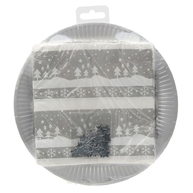 Kit jetable assiette + serviette motif No&euml;l argent&eacute; x20