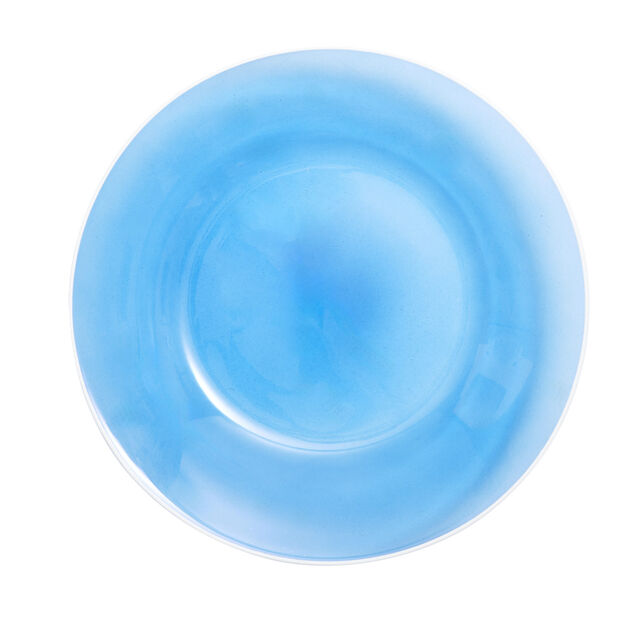 Assiette creuse verre bleu transparent liser&eacute; blanc &Oslash;23cm